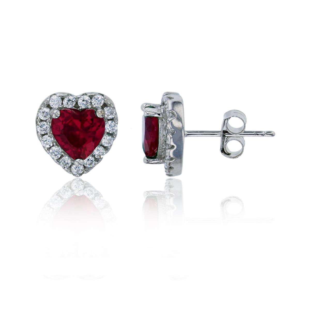 Sterling Silver Rhodium 5mm Heart Cut Red Gl & White CZ Halo Stud Earring