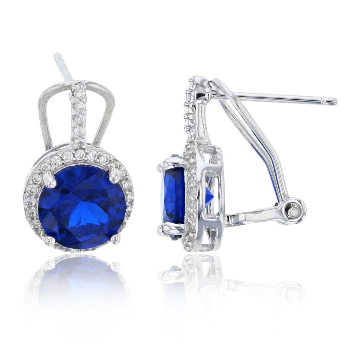 Sterling Silver Rhodium 8mm Blue Stone & White Halo with Omega Back Huggie Earring