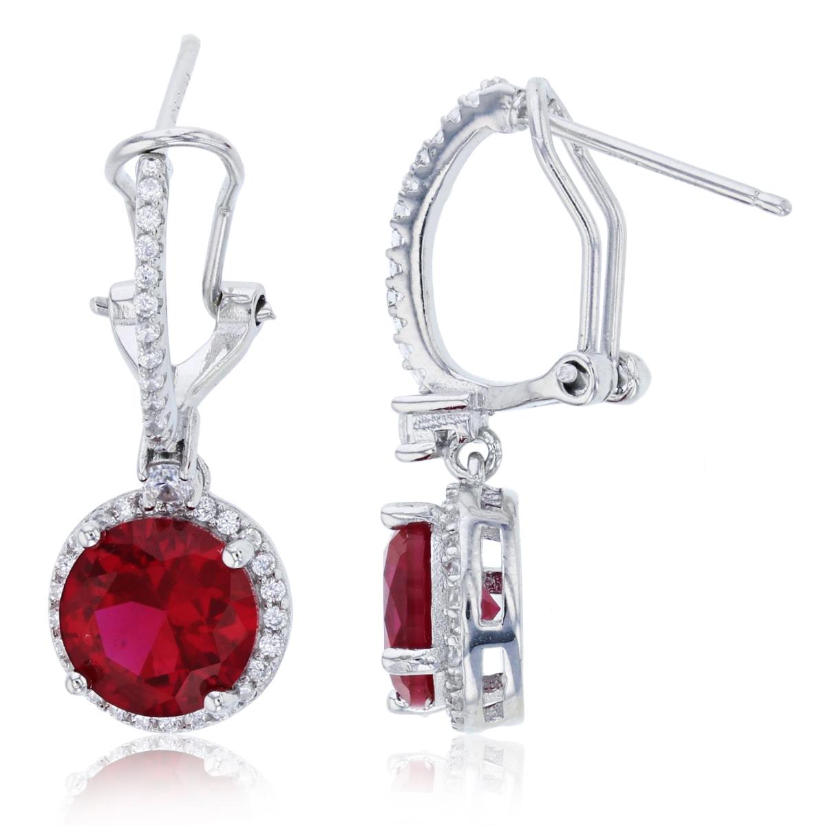 Sterling Silver Rhodium 8mm Red Rd Cut Stone & White CZ Halo Dangling Omega Back Earring