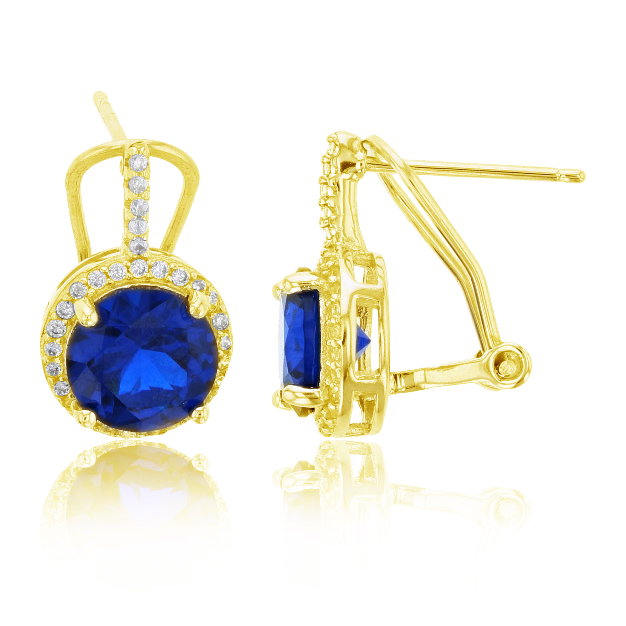 Sterling Silver Yellow 8mm Blue Stone & White CZ Halo with Omega Back Huggie Earring