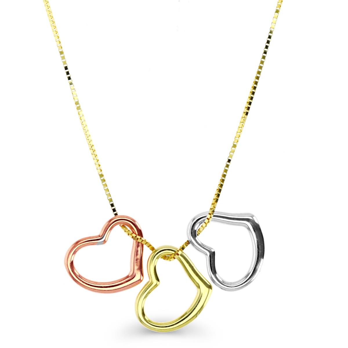 14K Tri-Color Gold Triple Heart 17" Box Chain Necklace
