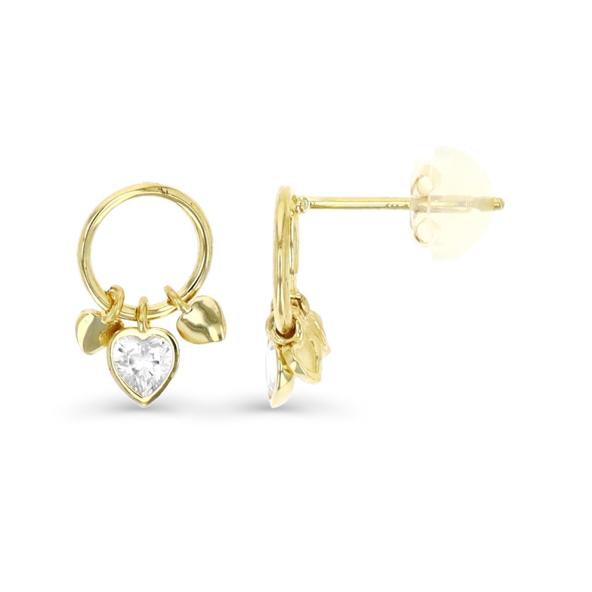 14K Yellow Gold Dangling Heart Circle Earring with Silicone Back