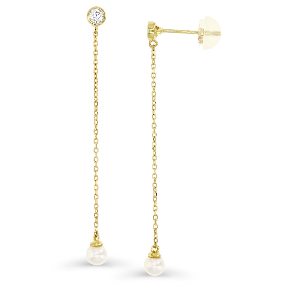 14K Yellow Gold 3mm Prl & CZ Dangling Earring with Silicone Back
