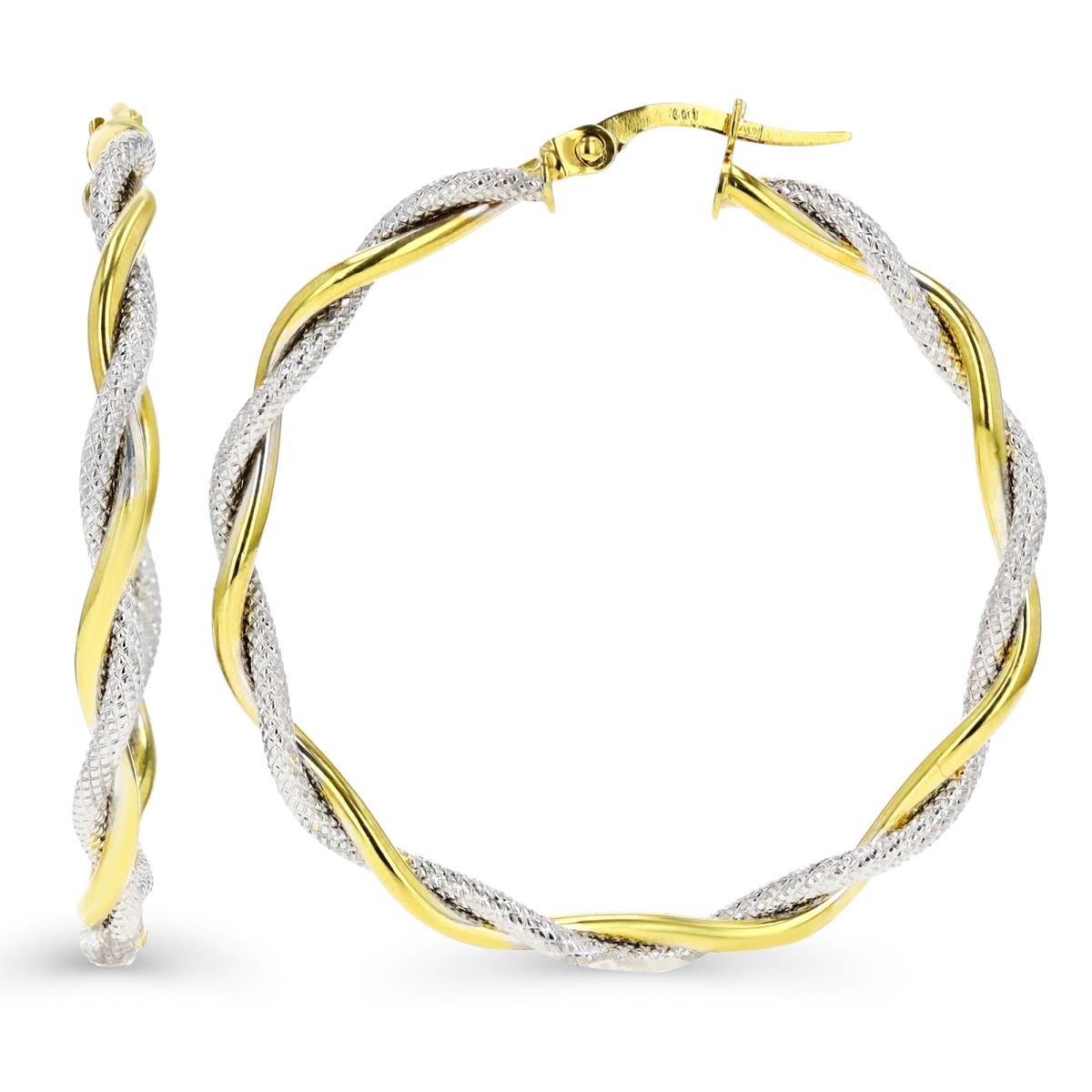 14K Two-Tone Gold 40x3mm Polished/Textured Twist Hoop Earring