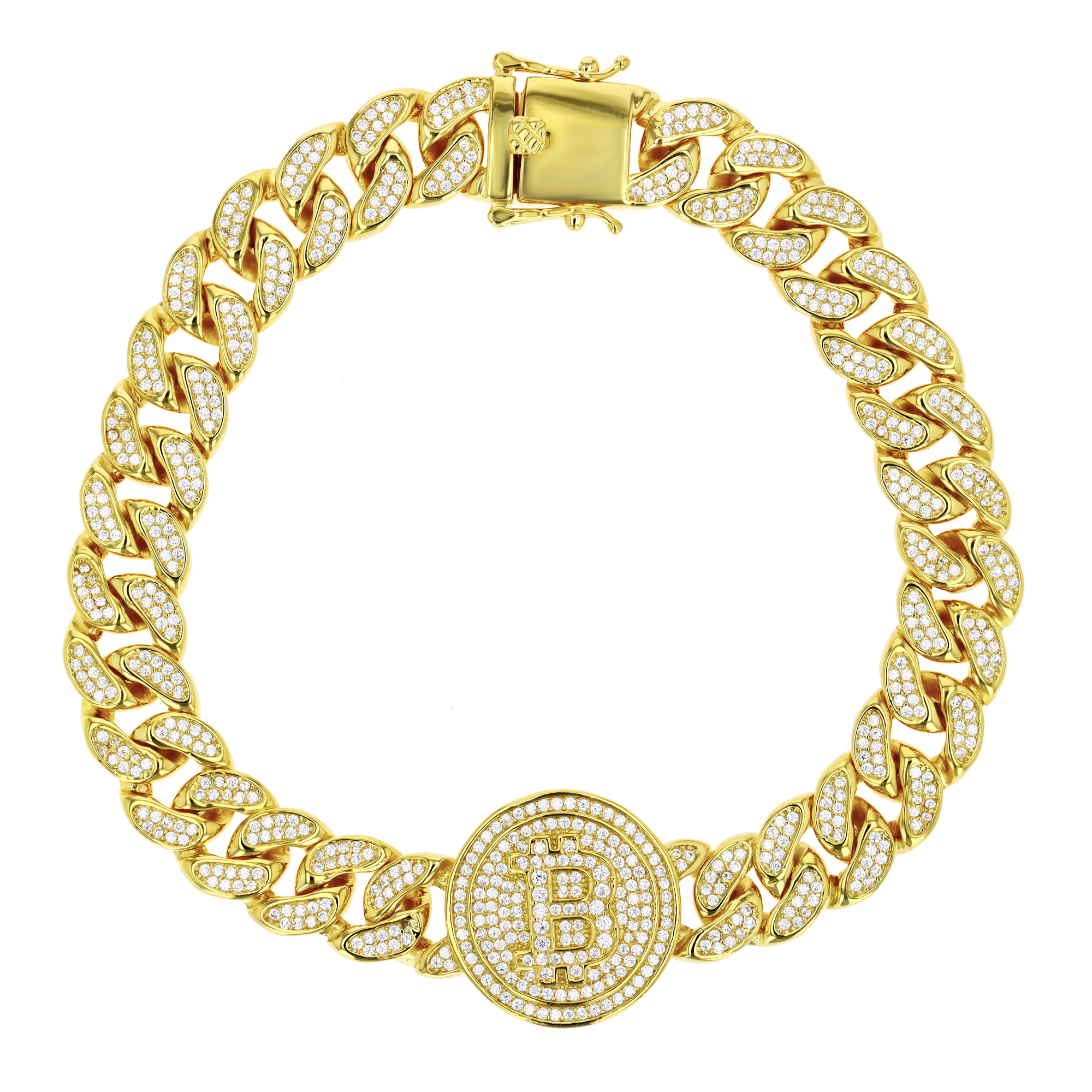 Sterling Silver Yellow 20MM Bitcoin Micropave Chain White CZ Bracelet
