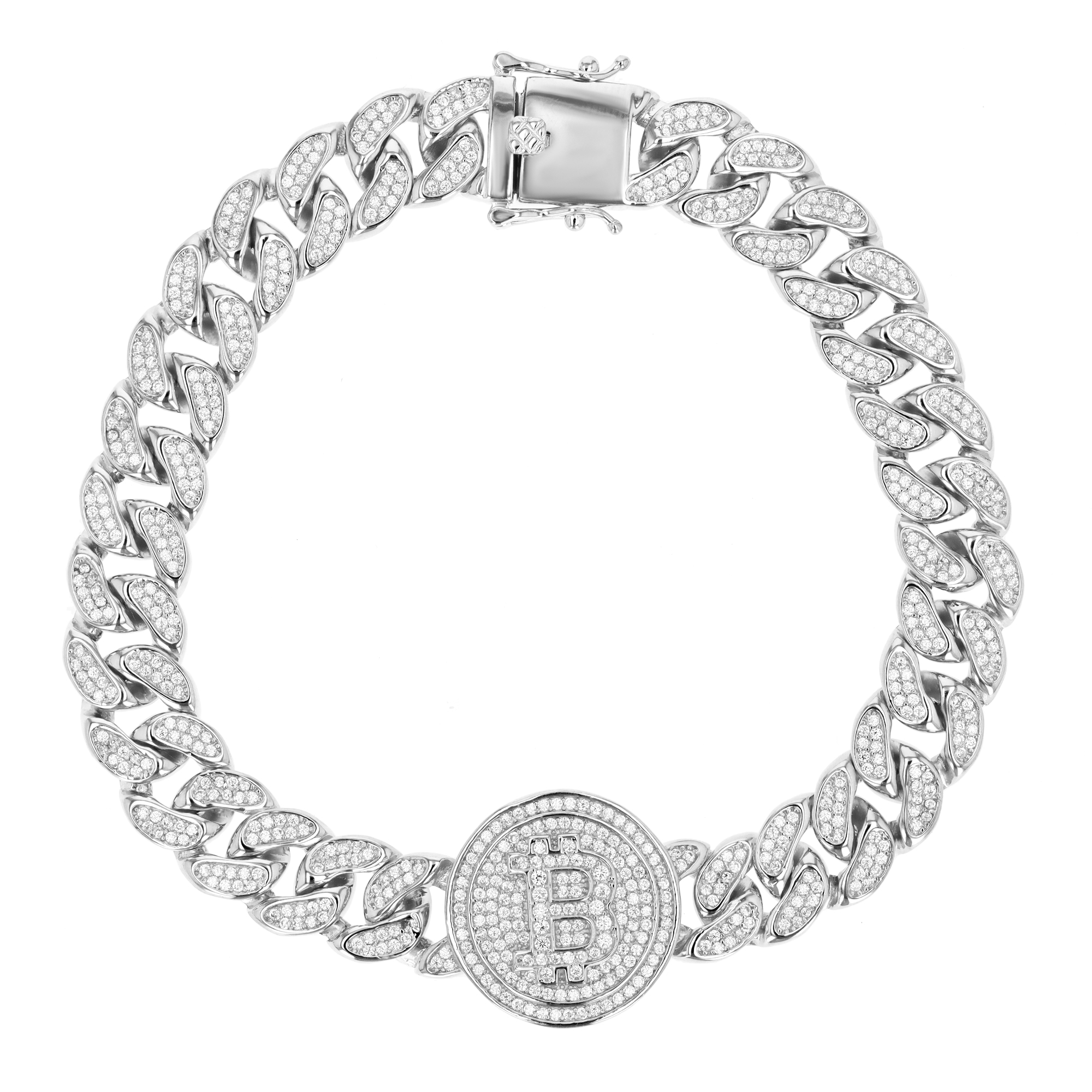 Sterling Silver Rhodium 20MM Bitcoin Micropave Chain White CZ Bracelet