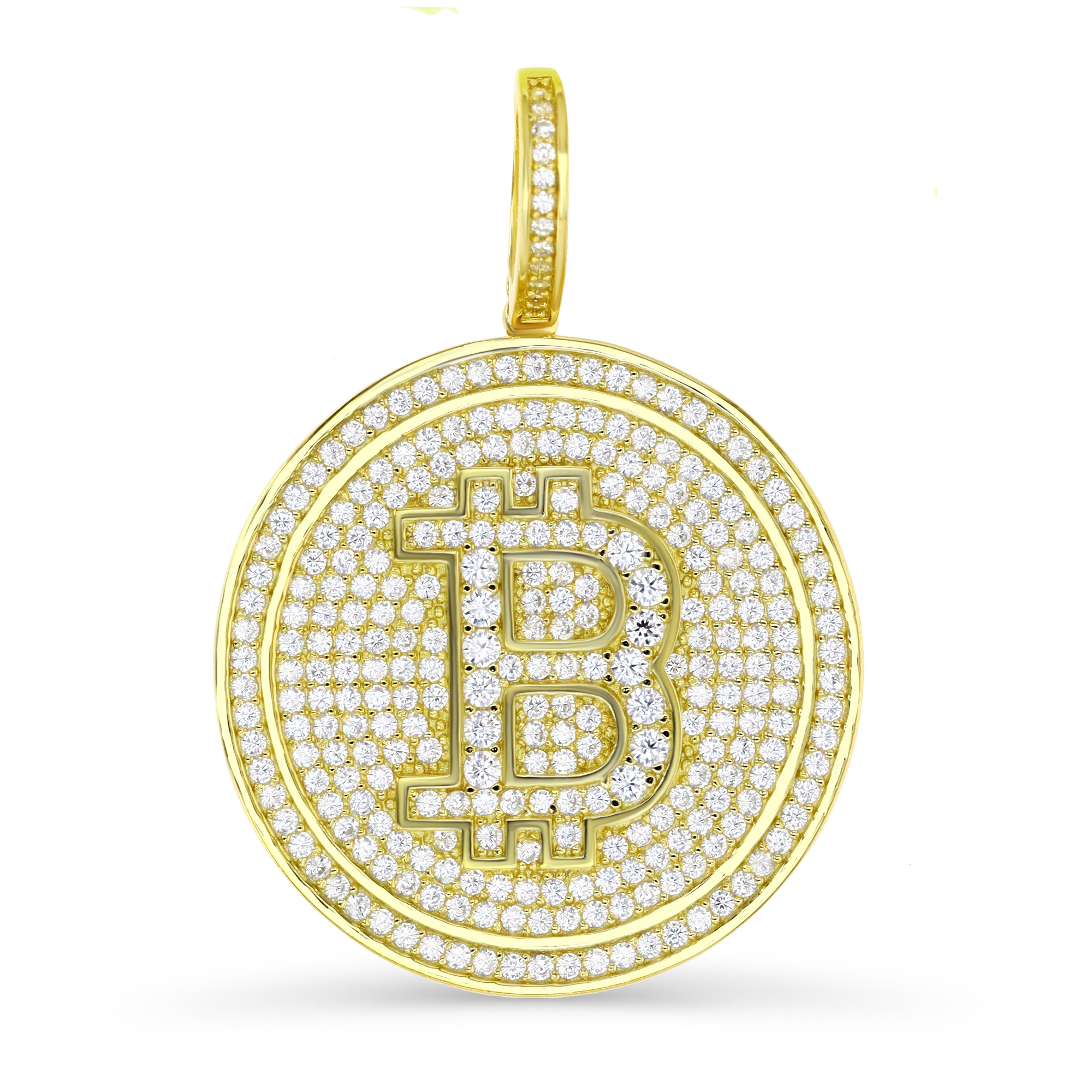 Sterling Silver Yellow 20MM Round Micropave Bitcoin White CZ Pendant