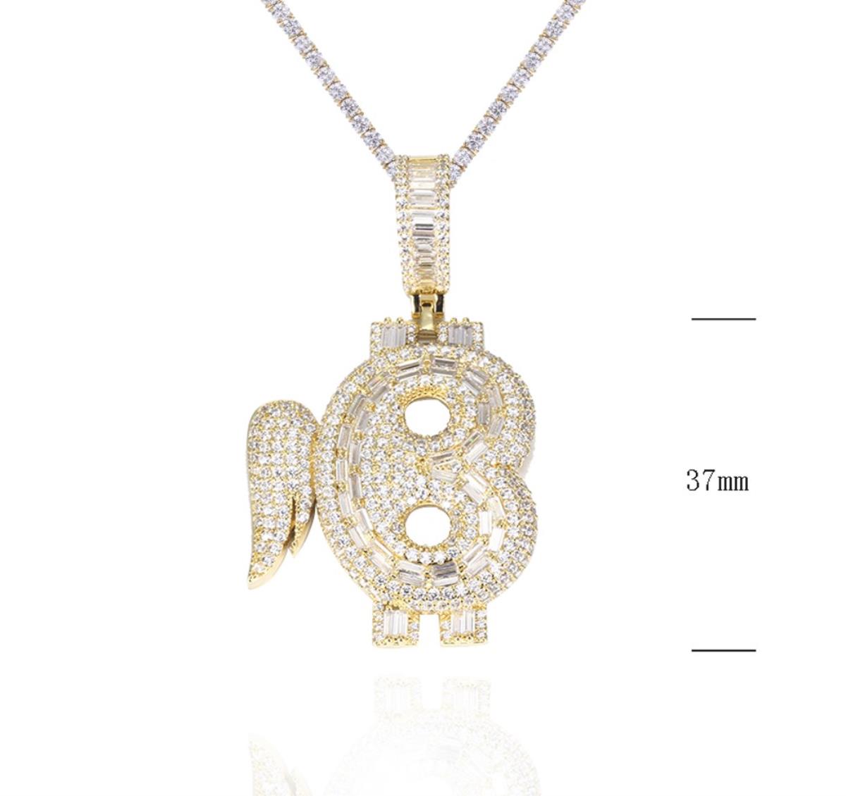 Sterling Silver Yellow 37MM Bitcoin Micropave White CZ Angel  Pendant