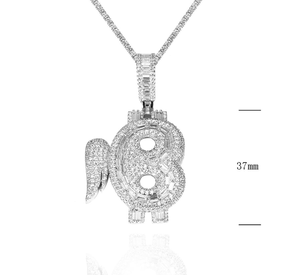 Sterling Silver Rhodium 37MM Bitcoin Micropave White CZ Angel  Pendant