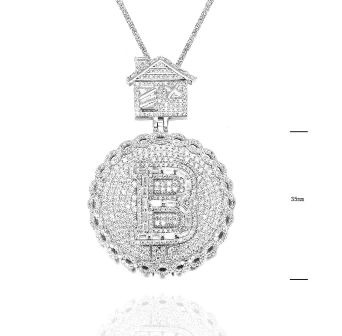 Sterling Silver Rhodium 35MM Bitcoin House Micropave White CZ  Pendant