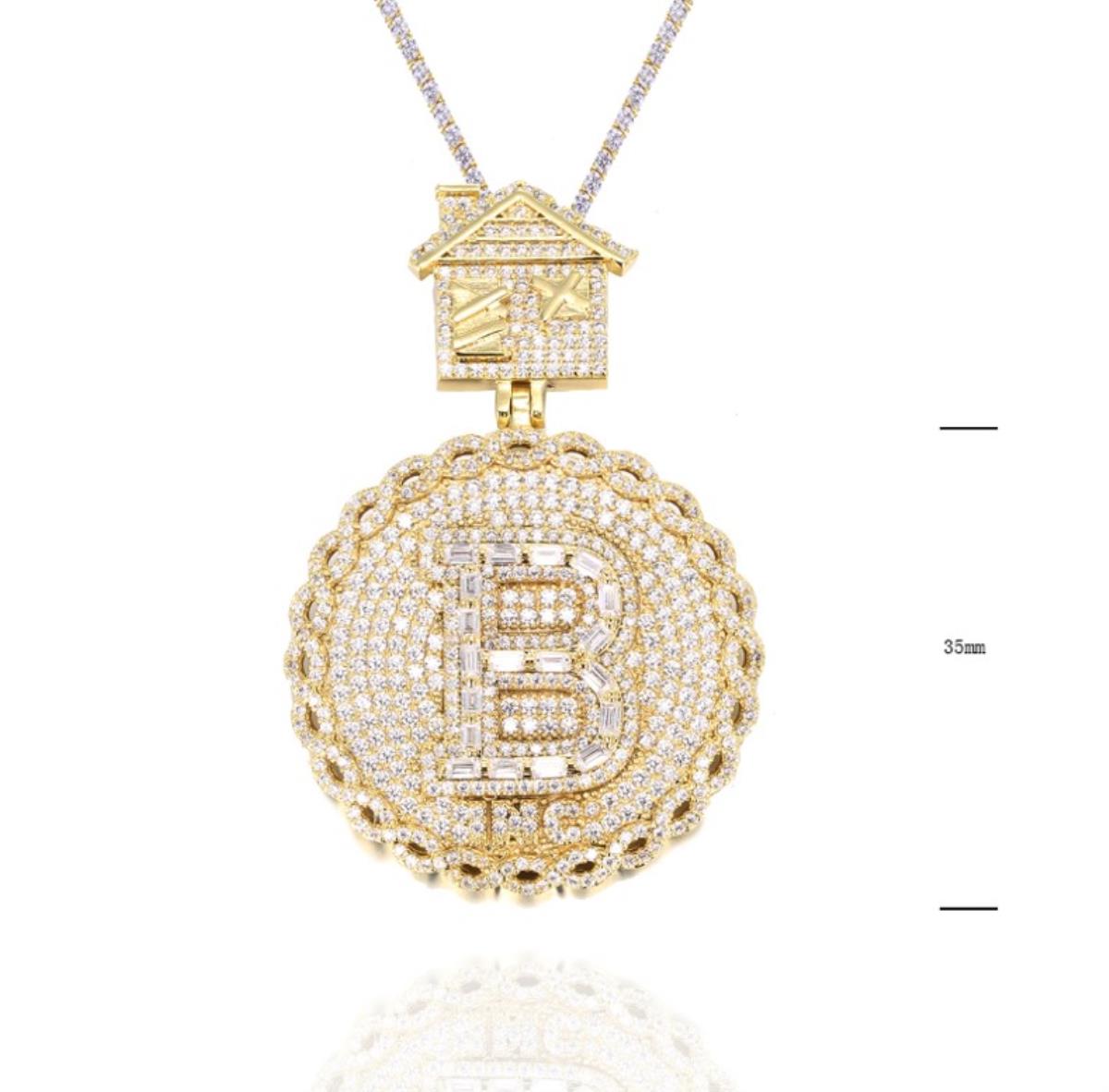 Sterling Silver Yellow 35MM Bitcoin House Micropave White CZ  Pendant
