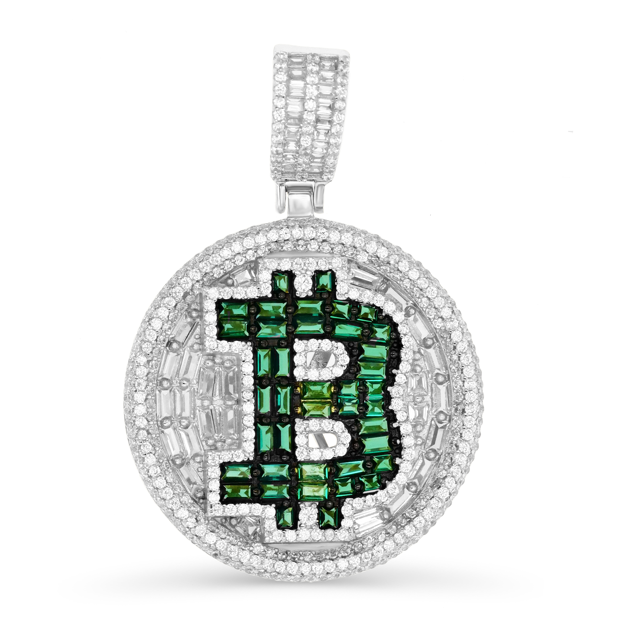 Sterling Silver Rhodium 32MM Baguette Green Nano & White CZ Bitcoin Pendant