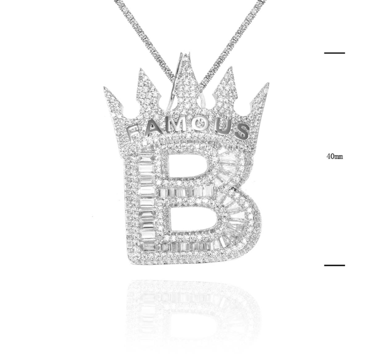 Sterling Silver Rhodium 40MM Bitcoin with Crown Baguette White CZ Pendant