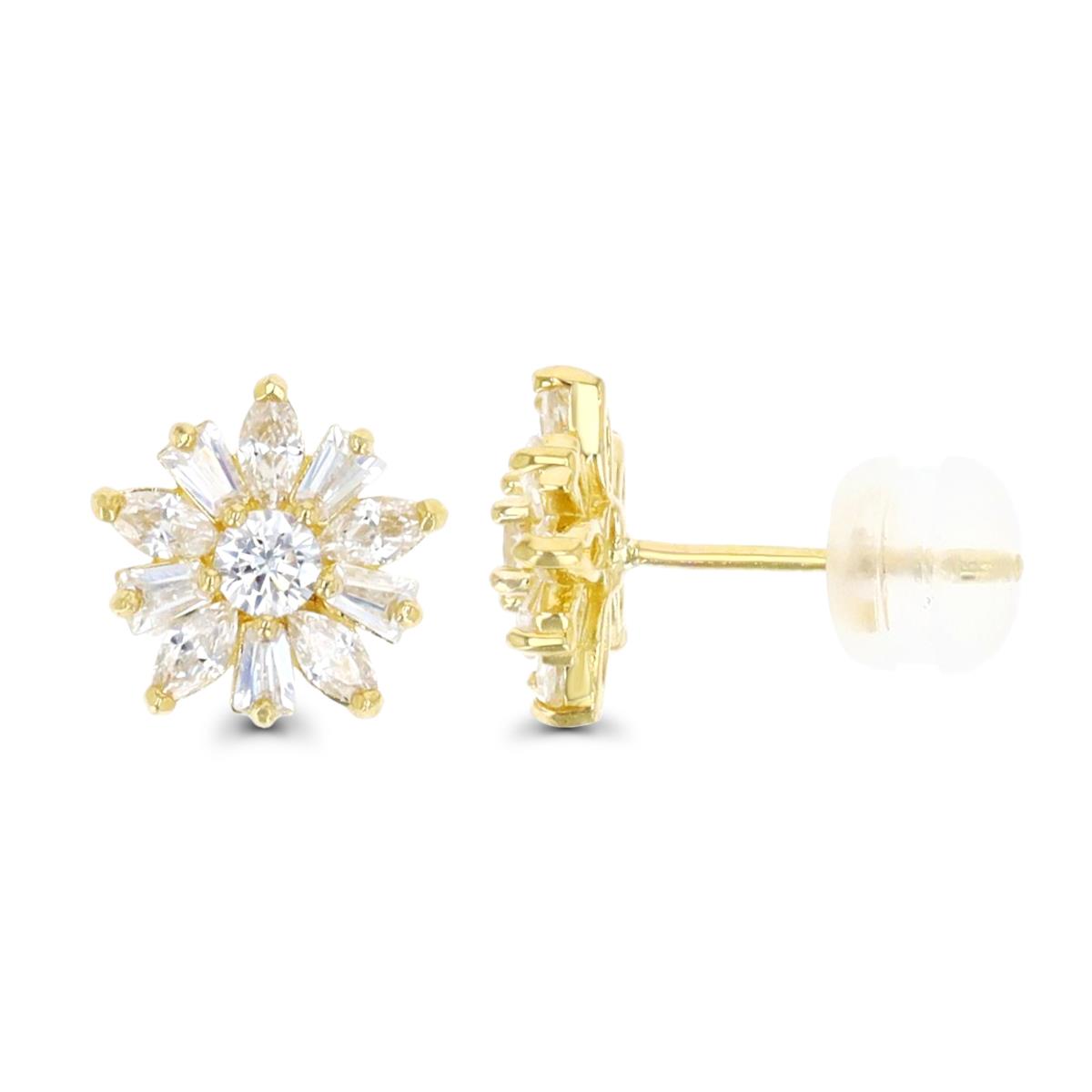 14K Yellow Gold Bgt CZ Flower Stud Earring with Silicone Back