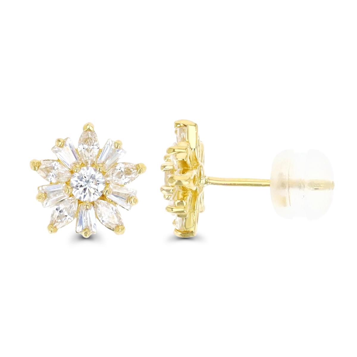 10K Yellow Gold Bgt CZ Flower Stud Earring with Silicone Back
