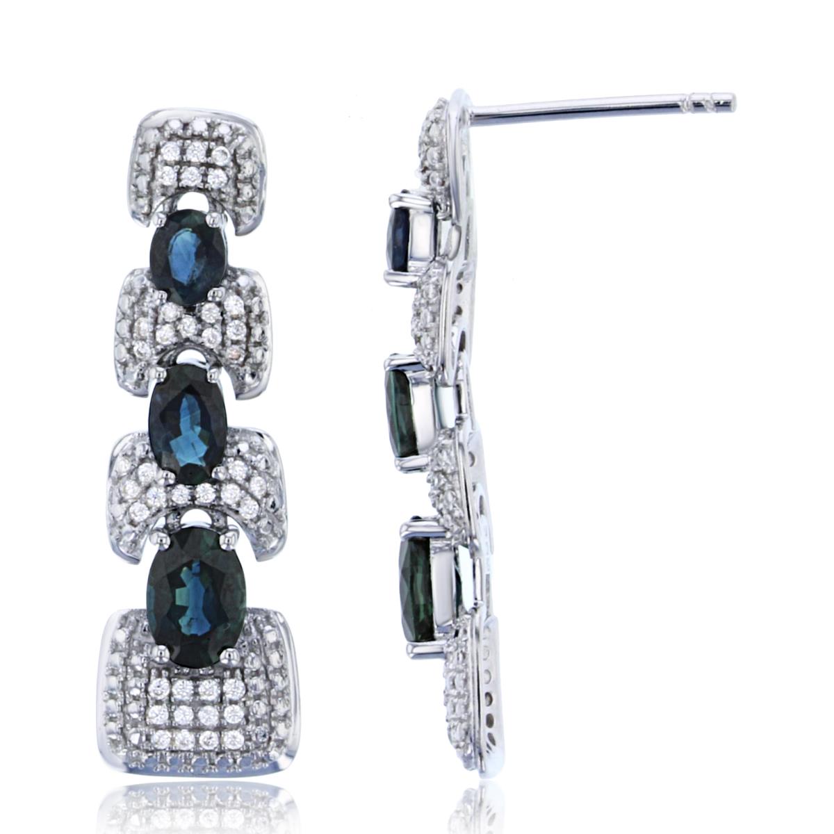 Sterling Silver Rhodium Cr. White Sapphire & Graduated Oval Created Sapphire Vertical Earrings