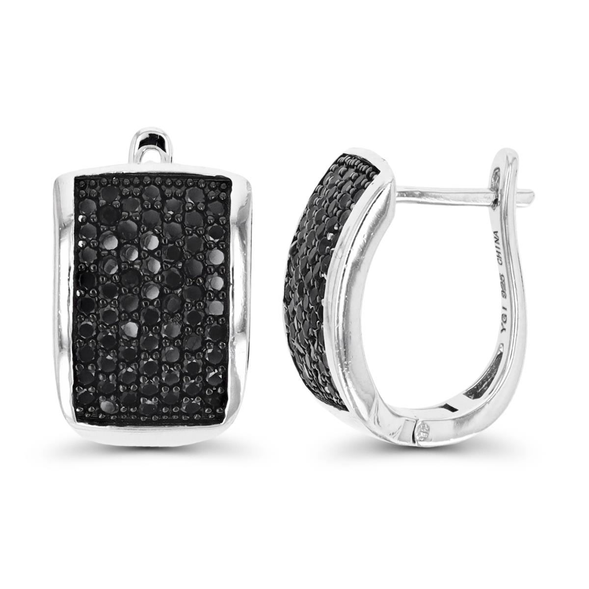 Sterling Silver Rhodium & Black 16X10.5MM Stud Micropave Black Spinel Earring
