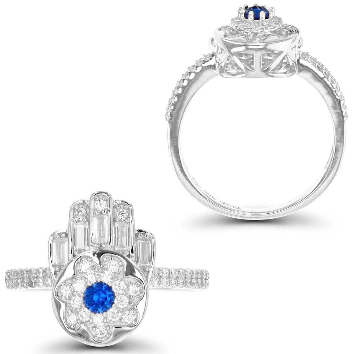 Sterling Silver Rhodium 15.7MM Fashion Hamsa White CZ & #113 Blue Spphire Baguette Ring