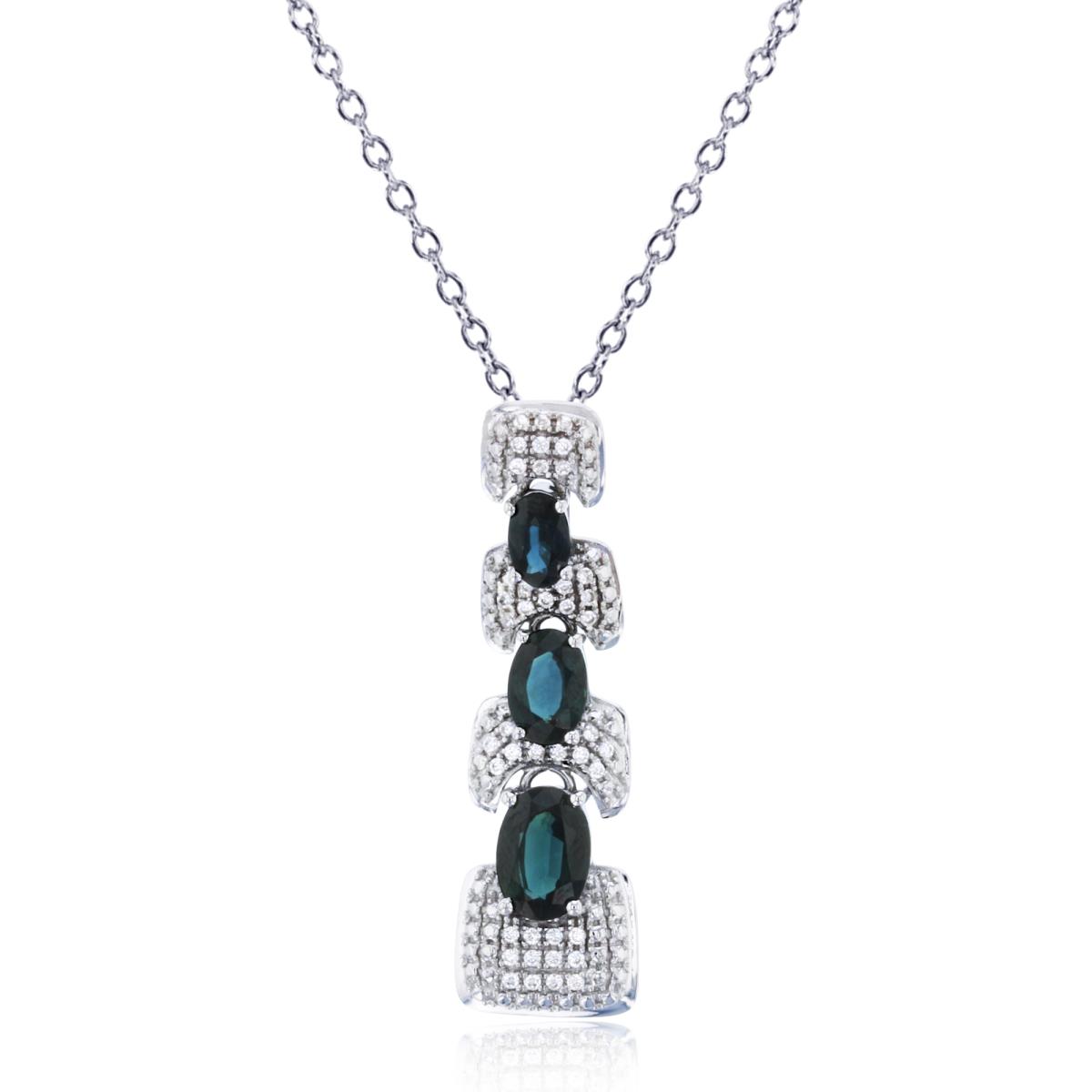 Sterling Silver Rhodium Cr. White Sapphire & Graduated Oval Created Blue Saphhire Vertical 18" Necklace