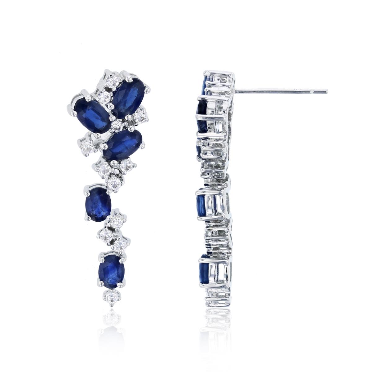 Sterling Silver Rhodium Oval Created Blue Sapphire & Rnd Created White Sapphire Flexi Vertical Scattered Earrings