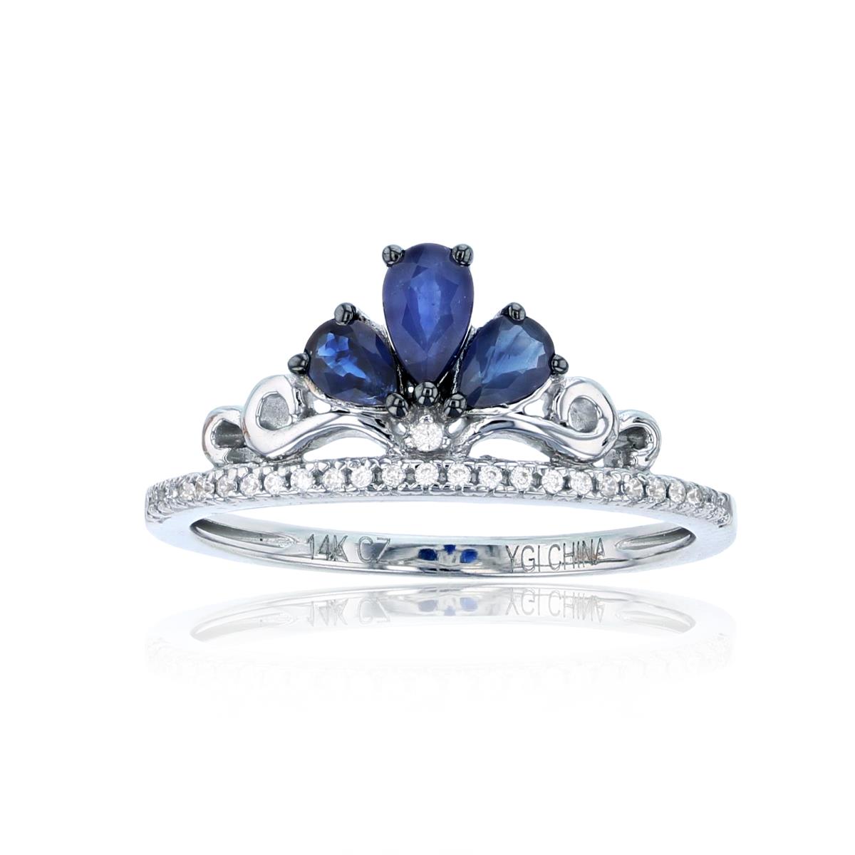 Sterling Silver Rhodium Cr White Sapphire & 5x3mm /4x3mm PS Created Blue Sapphire Crown Ring