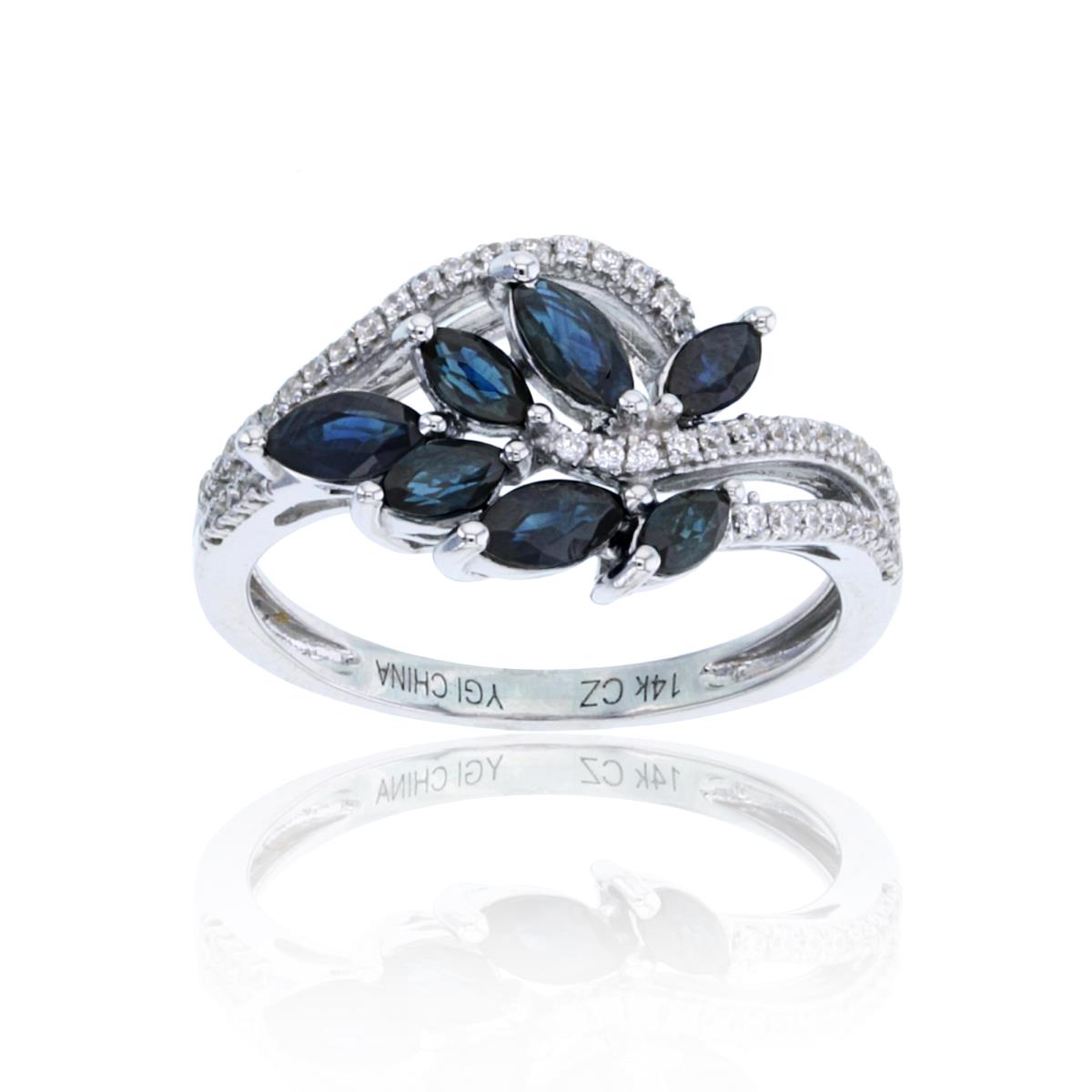 Sterling Silver Rhodium Cr. White Sapphire & MQ Cr Blue Sapphire Leaves Ring
