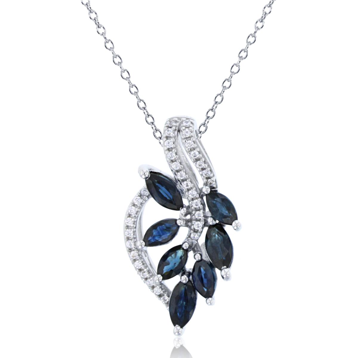 Sterling Silver Rhodium Cr White Sapphire & Mq Cr Blue Sapphire Leafs 18" Necklace