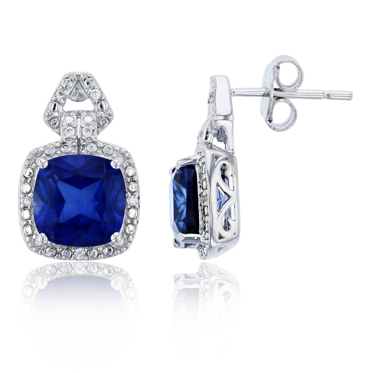 Sterling Silver Rhodium Cr White Sapphire & 8mm CUSH Cr. Blue Sapphire Earring