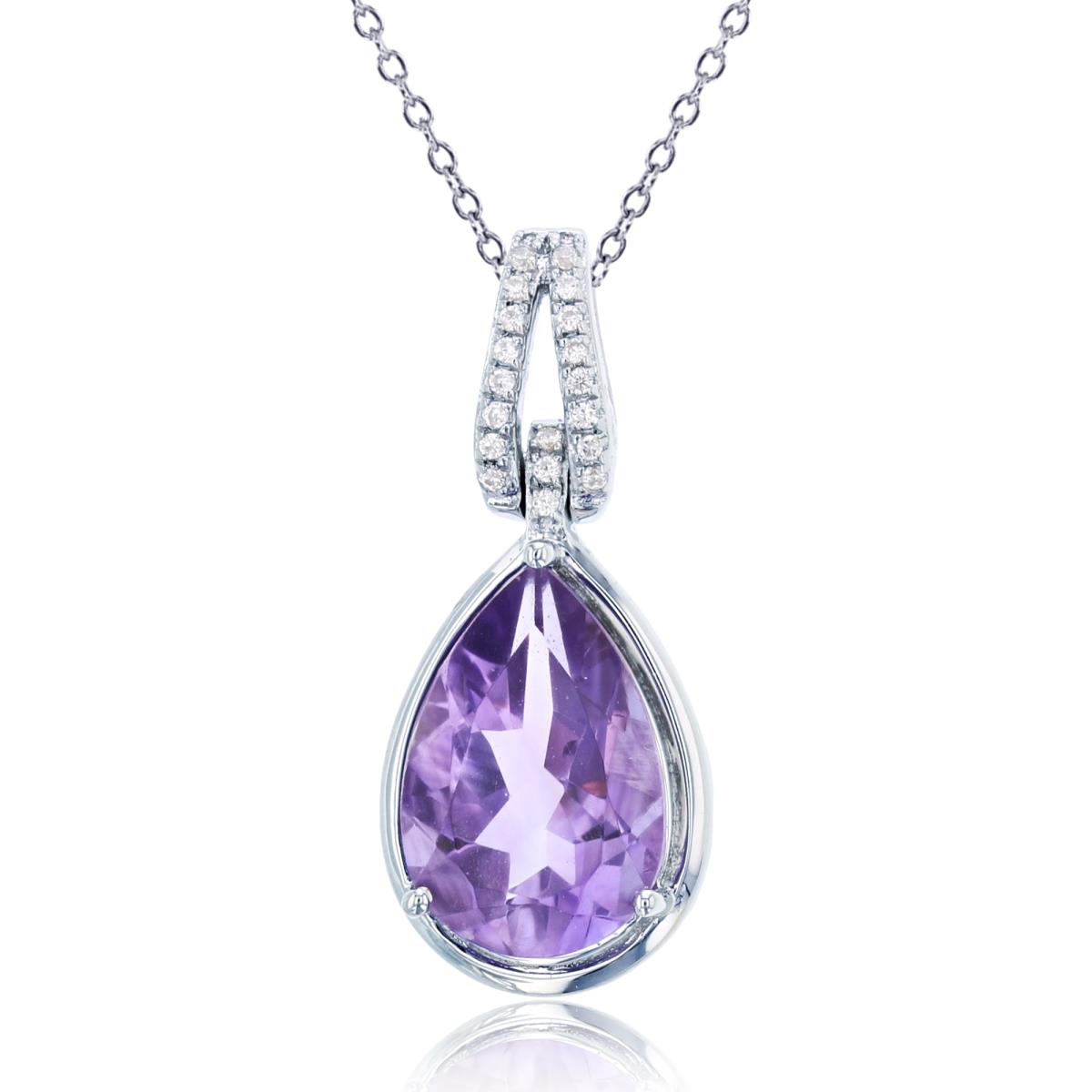 Sterling Silver Rhodium Cr White Sapphire & 12x8mm PS Amethyst Dangling 18"Necklace
