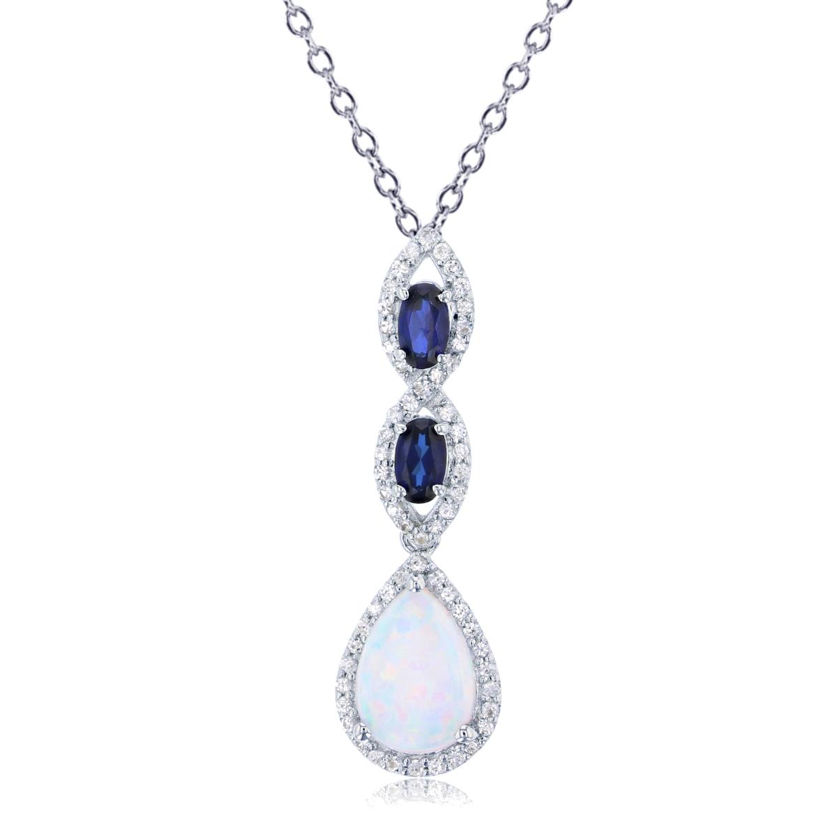 Sterling Silver Rhodium 10X7mm PS Cr Opal /5X3mm Ov Cr Blue Sapphire/Rnd Cr White Sapphire 3-Linked Vertical 18"Necklace