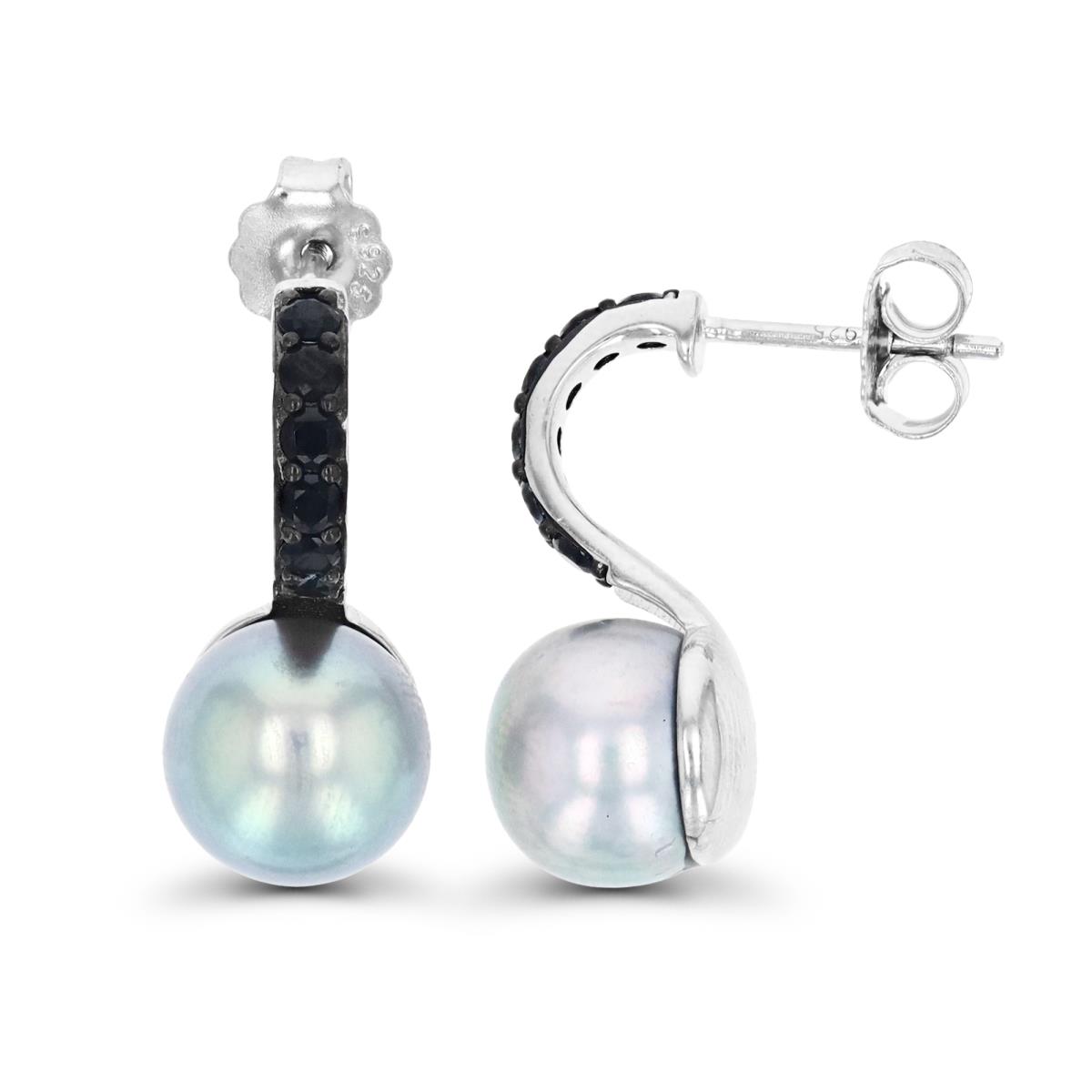 Sterling Silver Rhodium 9-10mm Grey Pearl & Black Spinel Dangling Earring