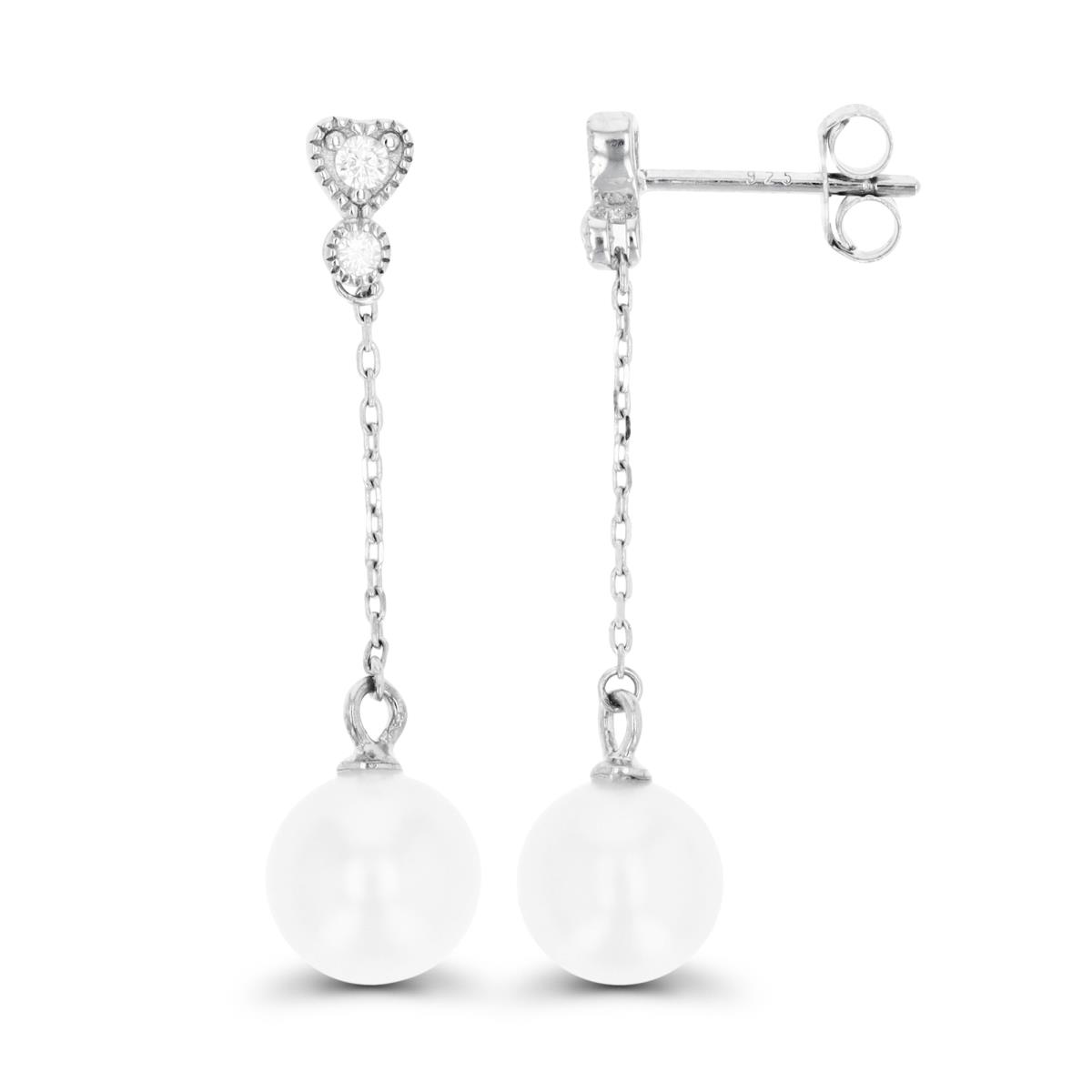 Sterling Silver Rhodium 8-9mm Pearl and White Zircon Dangling Earring