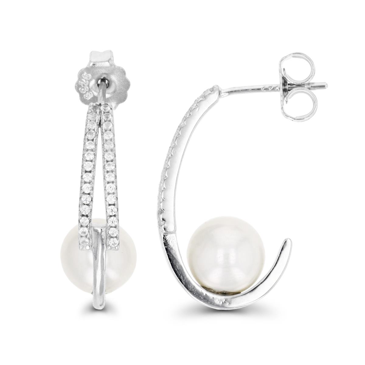 Sterling Silver Rhodium 8-9mm Pearl & White Zircon Split Curve Dangling Earring