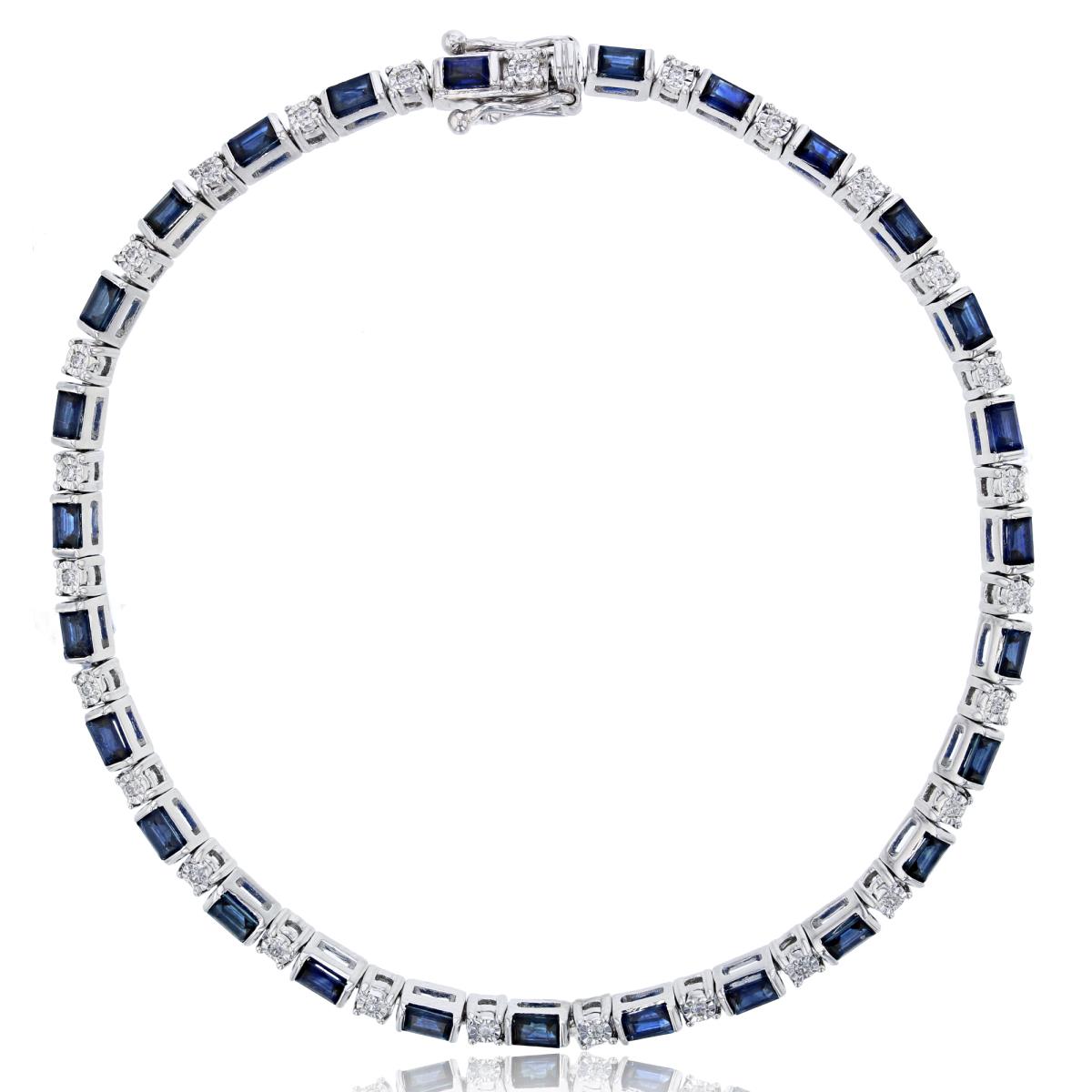 Sterling Silver Rhodium Alternate Cr White Sapphire/Miracle Plt & SB Cr Blue Sapphire Linked Bracelet