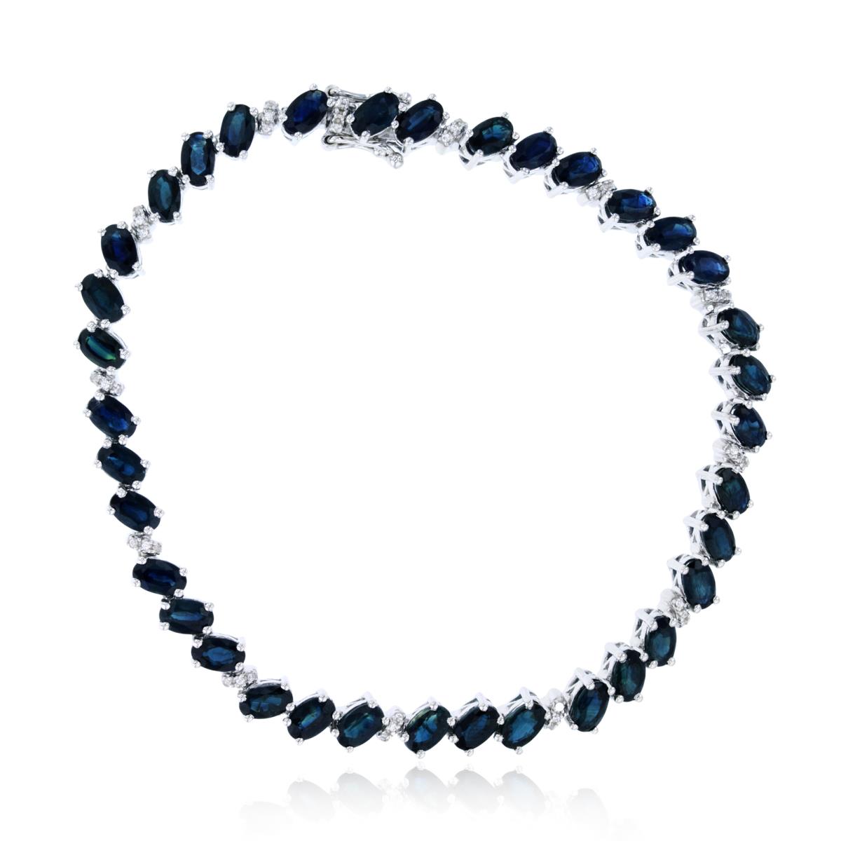 Sterling Silver Rhodium Alternate Cr White Sapphire & 5x3mm Ov Cr Blue Sapphire Flexy Single Row Bracelet