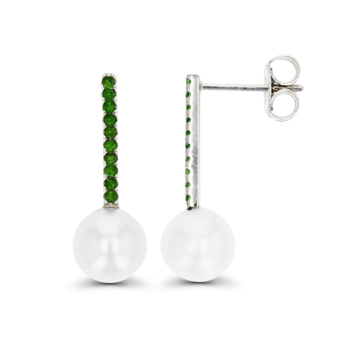 Sterling Silver Rhodium 8-9mm Pearl & Chrome Diopside Dangling Earring