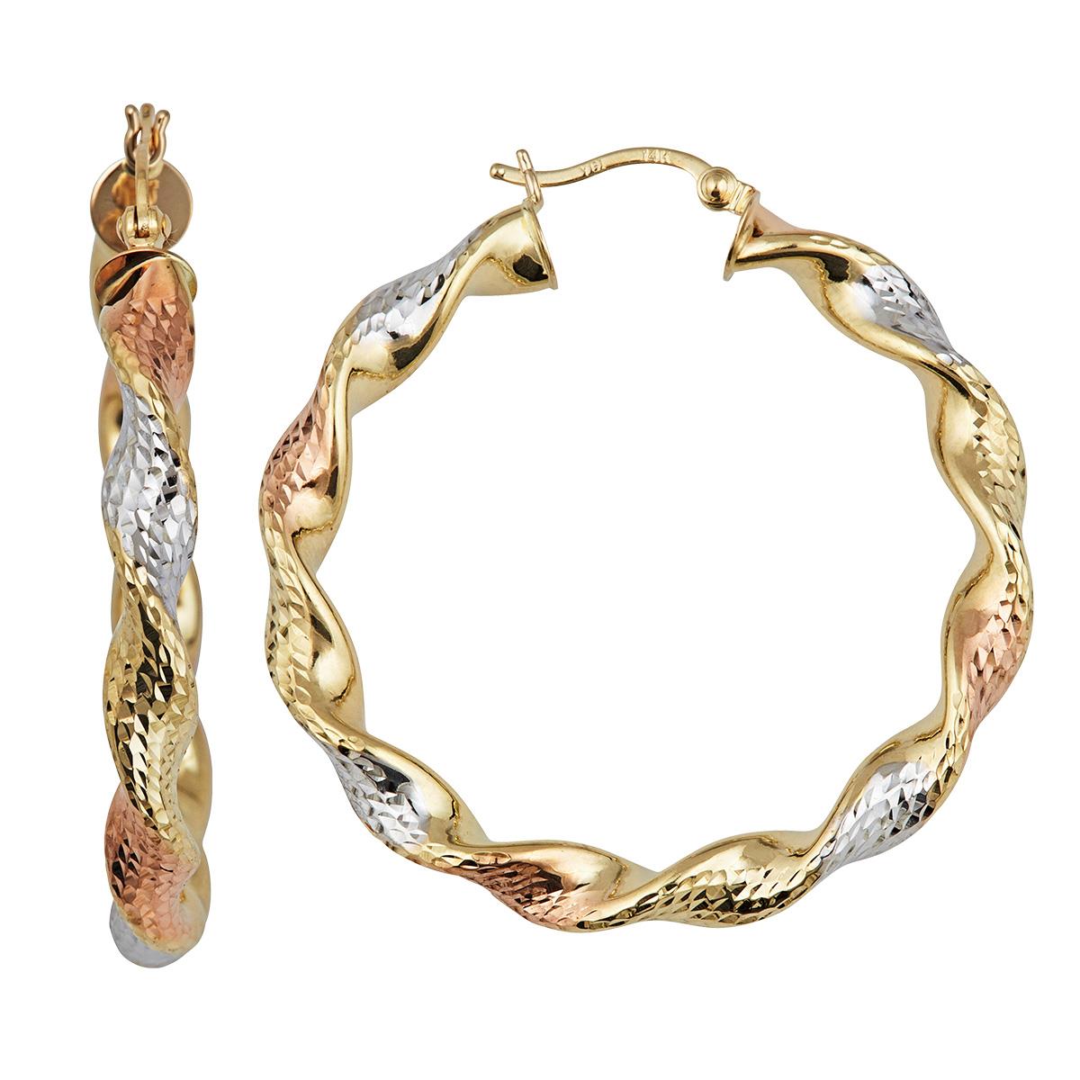 10K Tri-color Gold Twisted Dia-cut 5x30mm Hoop Earring