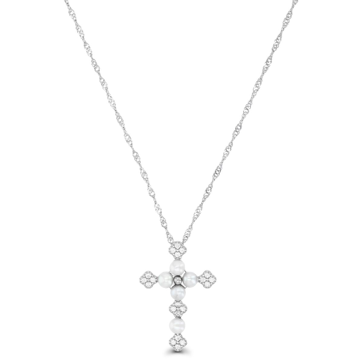 Sterling Silver Rhodium FWP & White Zircon Cross 18" Necklace
