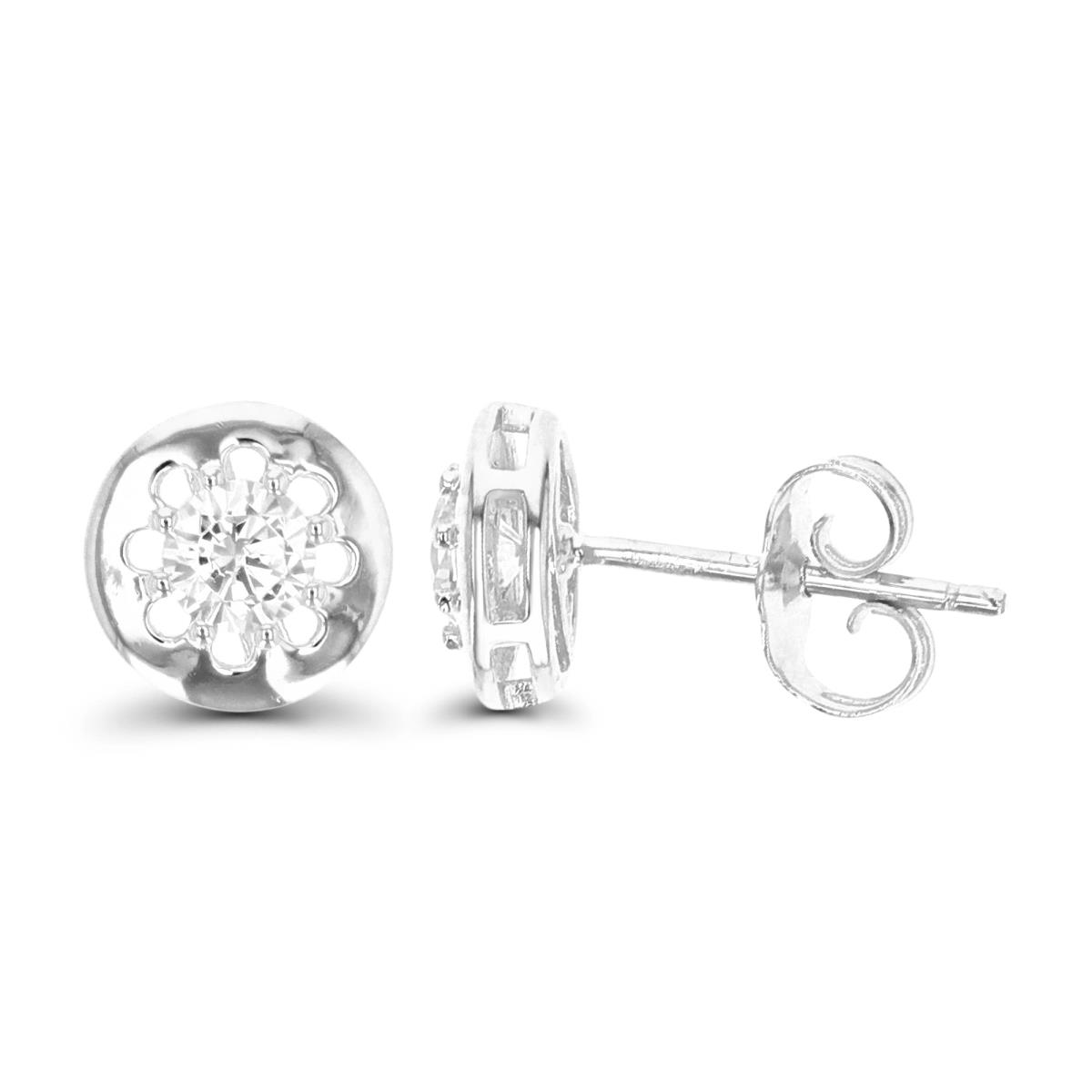 Sterling Silver Rhodium 8MM Round Solitaire White CZ Stud Earring