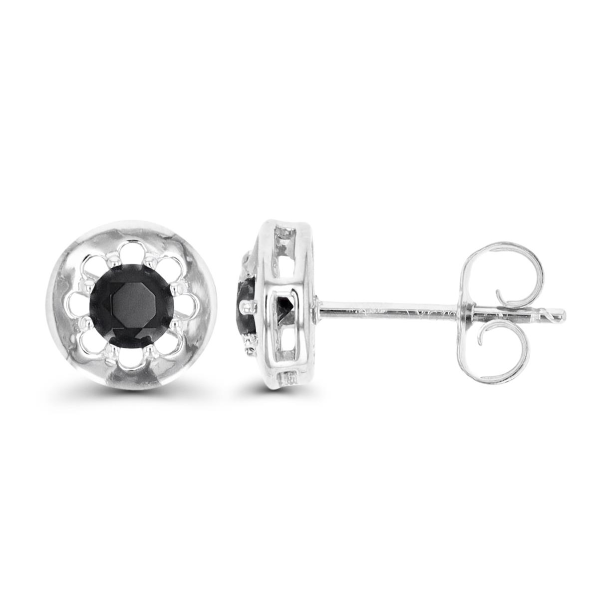 Sterling Silver Rhodium 8MM Round Solitaire Black Spinel Stud Earring
