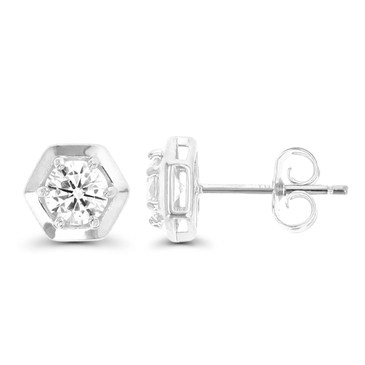 Sterling Silver Rhodium 7.6MM White CZ Octagon Stud Earring