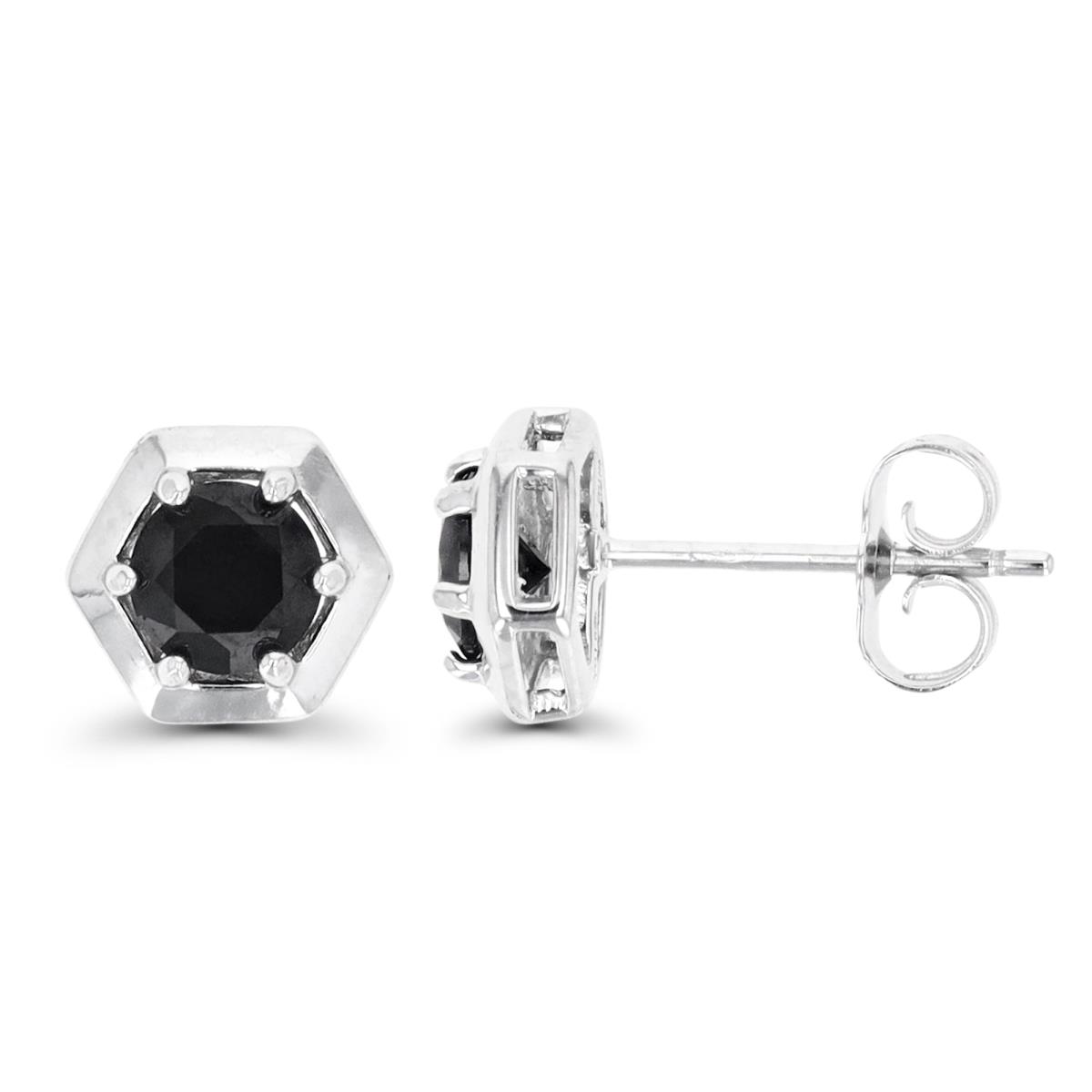 Sterling Silver Rhodium 7.6MM Black Spinel Octagon Stud Earring
