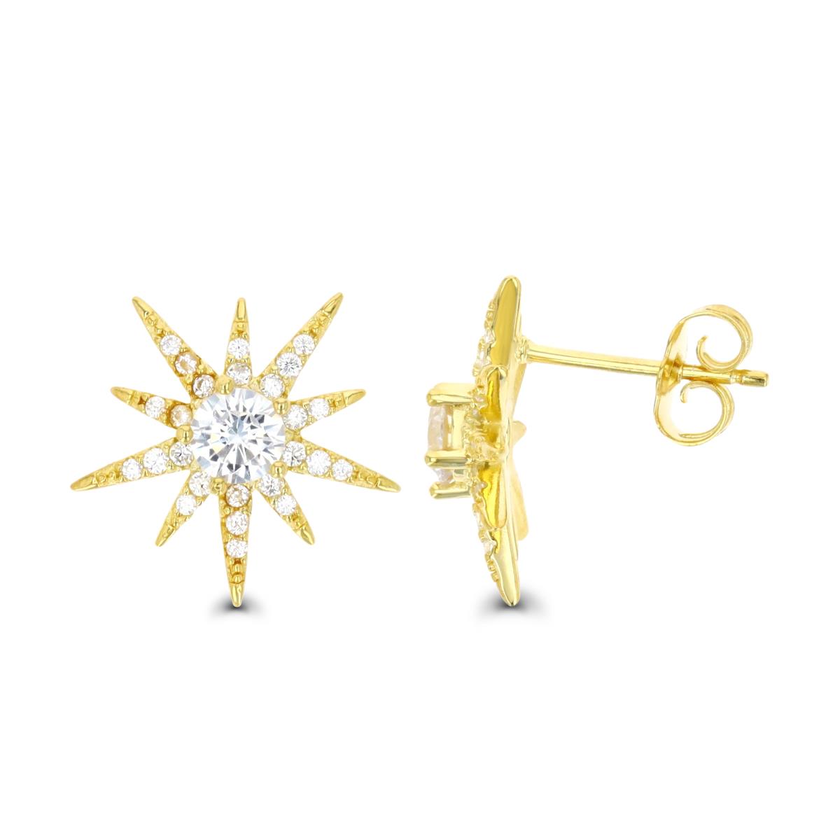 Sterling Silver Yellow 1 Micron 15.5 X14.7 MM White CZ Star Stud Earring