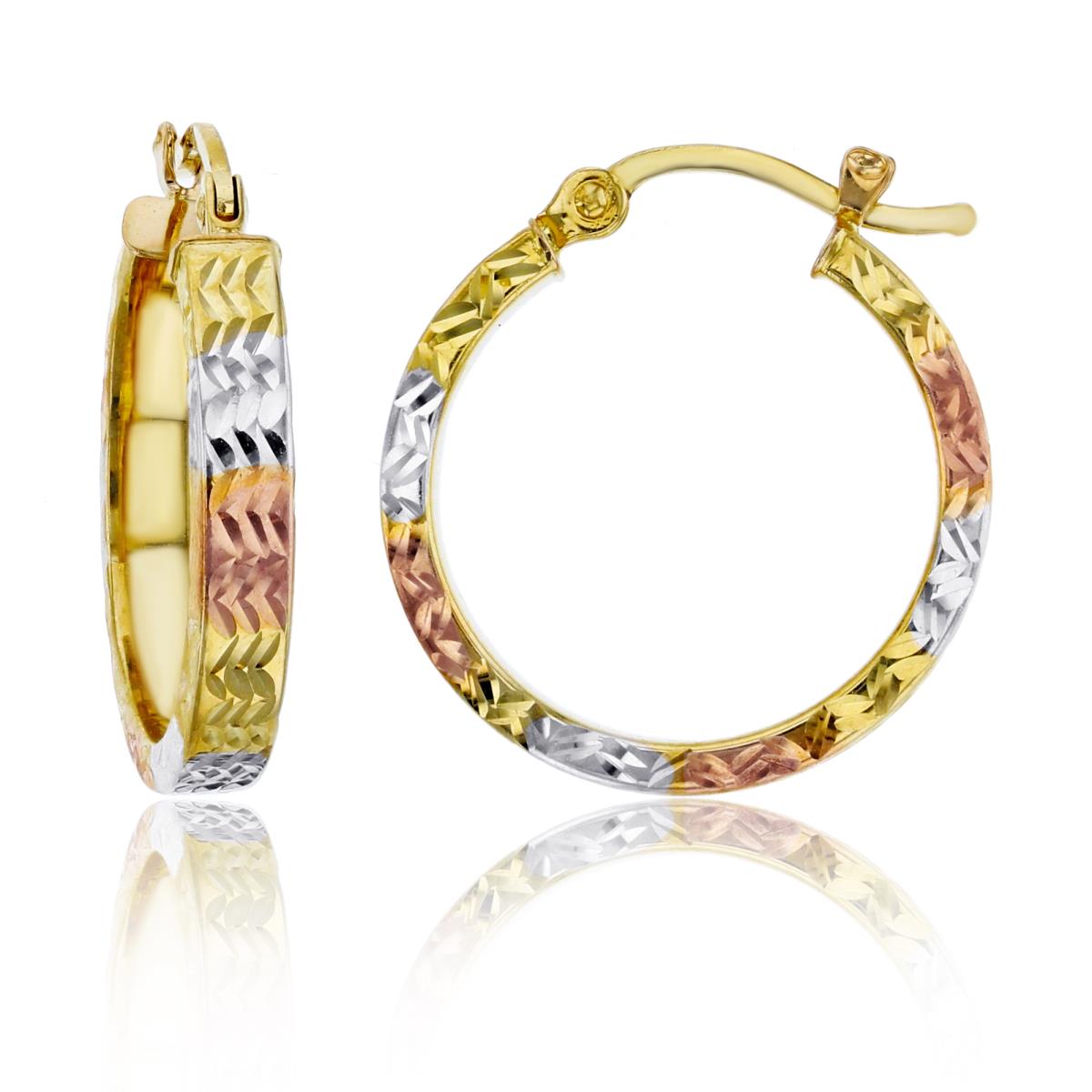 10K Tri-color Gold Diamond Cut 3x20mm Hoop Earring