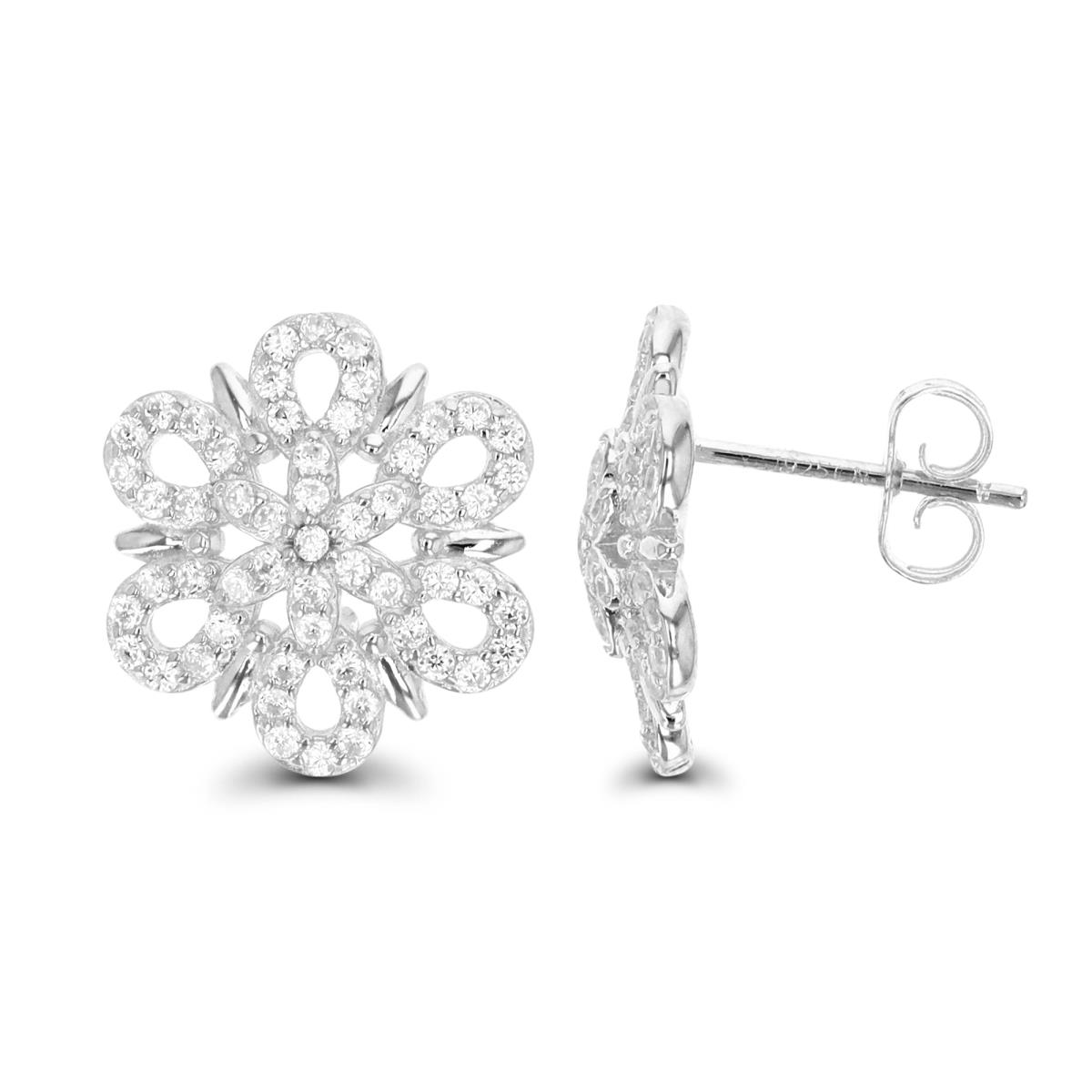 Sterling Silver Rhodium 16MM Pave White CZ Flower Stud Earring