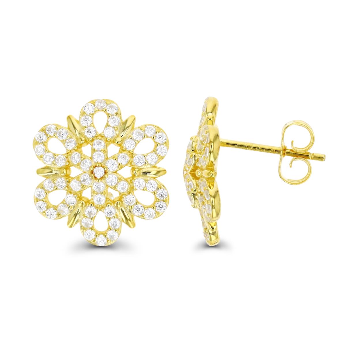 Sterling Silver Yellow 1Micron 16MM Pave White CZ Flower Stud Earring