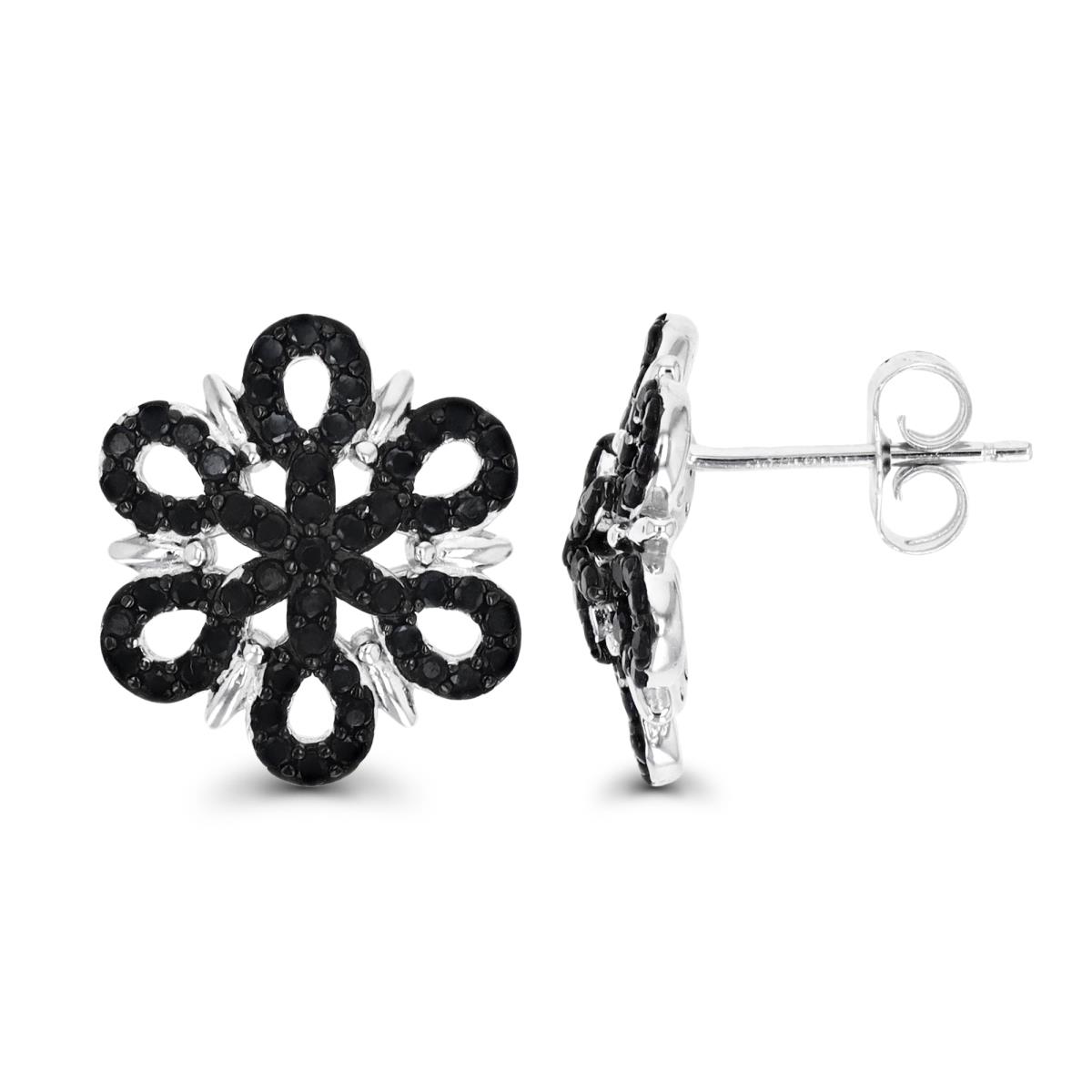 Sterling Silver Rhodium & Black 16MM Pave Black Spinel Flower Stud Earring