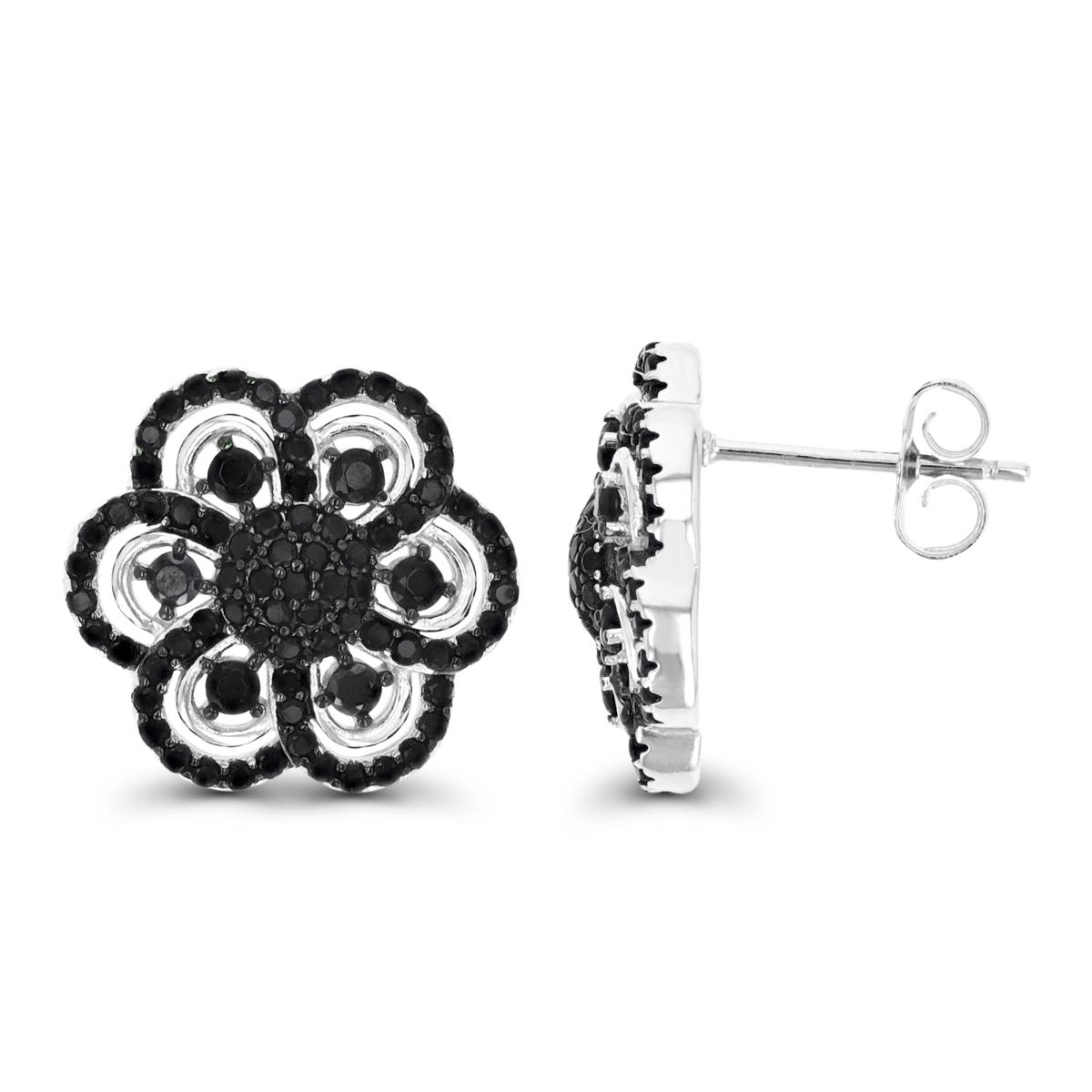 Sterling Silver Rhodium & Black 16.6MM Black Spinel Flower Stud Earring