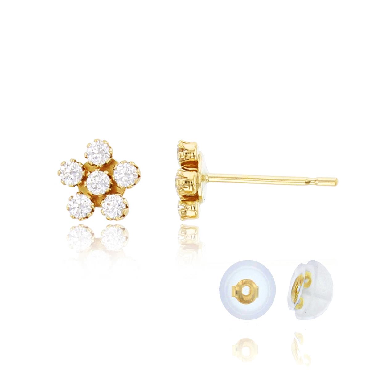 14K Yellow Gold 1.50mm Round Cut Cluster Flower Stud& 14K Silicone Back