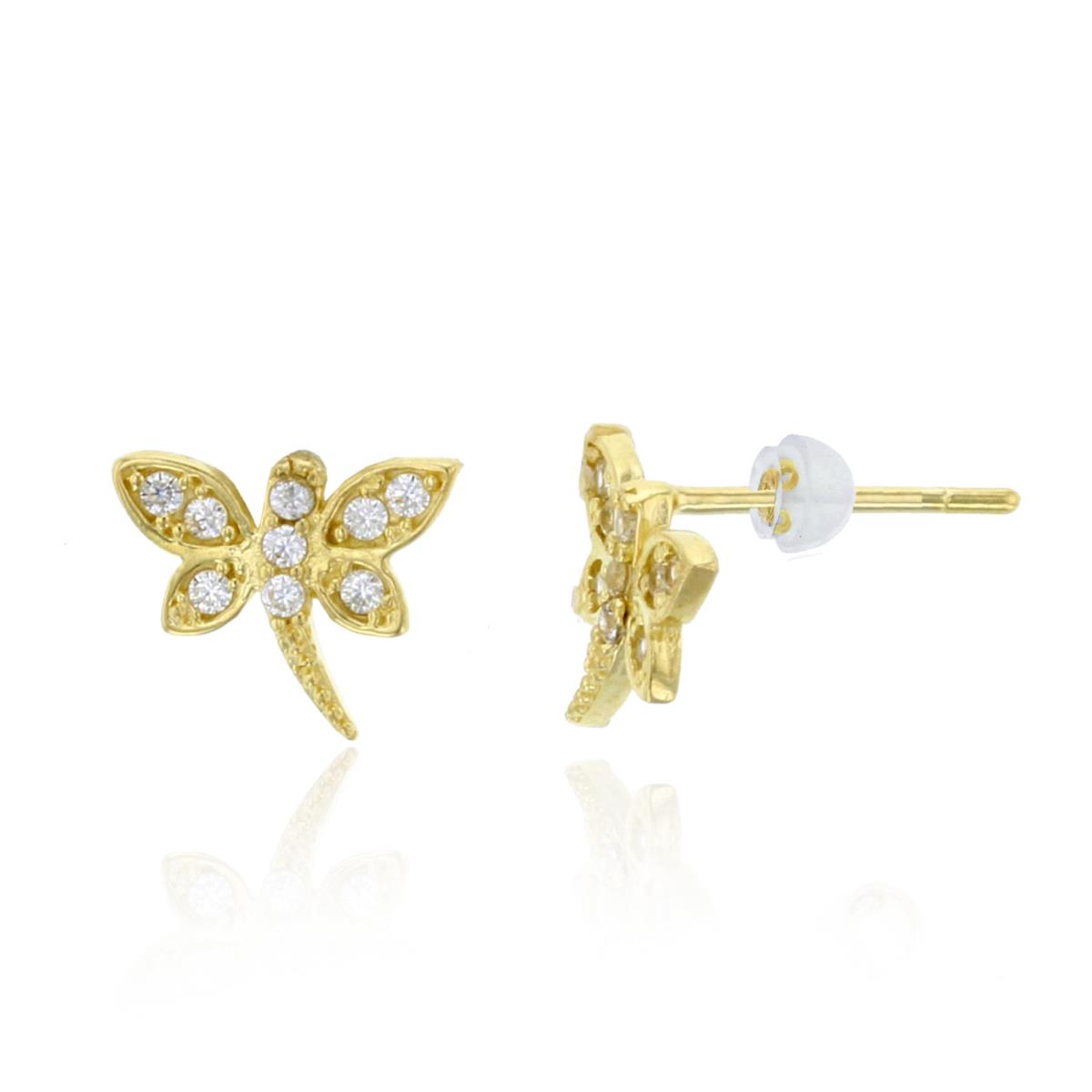14K Yellow Gold Micropave CZ Dragonfly Stud & 14K Silicone Back